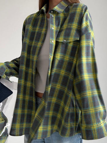 Autumn Winter Women Oversized Plaid Shirt Vintage Long Sleeve Loose Fit Blouse For Woman